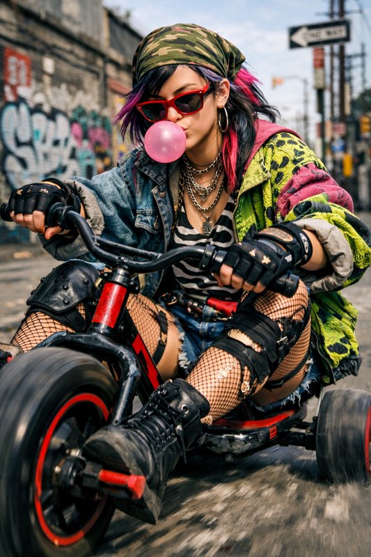 Punk girl on a red trike in a graffiti alley, camo headwrap, fishnet tights, colorful jacket, blo...