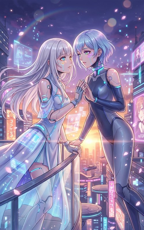 Two futuristic android women share a close moment on a neon-lit city balcony, with holographic di...