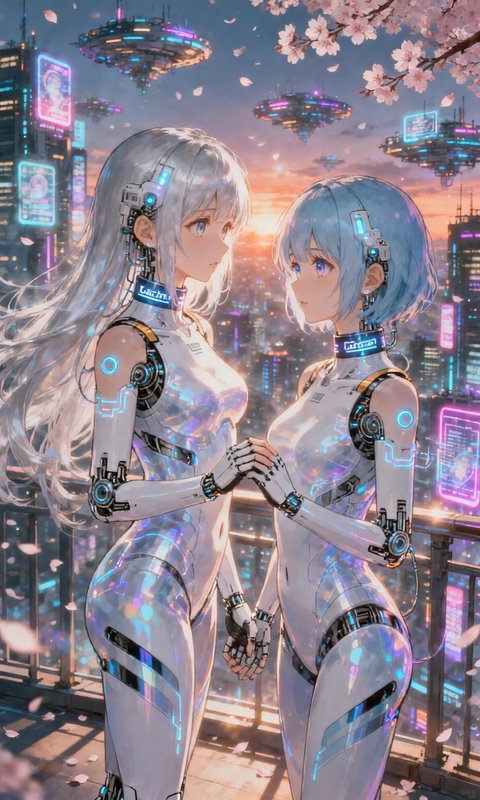 Two futuristic android women with glowing blue accents hold hands in a neon cyberpunk city.