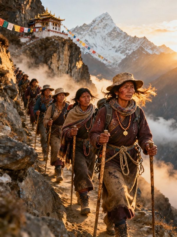 Himalayan trekkers walk a narrow rocky ridge with prayer flags and snow-capped peaks in the backg...