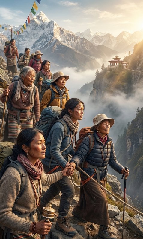 Group of women hikers trekking along a Himalayan ridge with prayer flags and snow-capped peaks in...