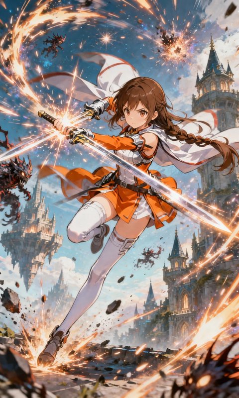 Dynamic anime-style female swordfighter leaping with energy swords against a castle backdrop.