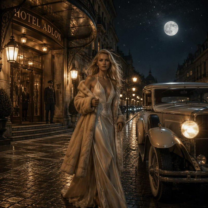 Elegant blonde woman in silk gown and fur coat stands outside Hotel Adlon beside a vintage car on...