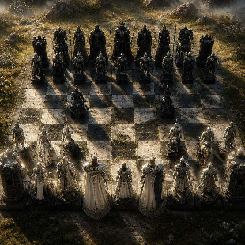 Giant outdoor stone chessboard holds intricately carved armored medieval chess pieces arrayed for...