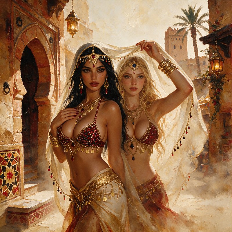 Two elaborately bejeweled fantasy women stand together in a sunlit historic North African medina alley