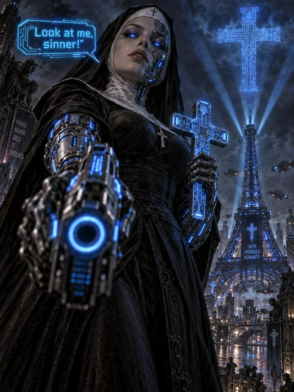 Cyborg cyberpunk nun holds a robotic gun and glowing tech cross overlooking a dystopian futuristi...