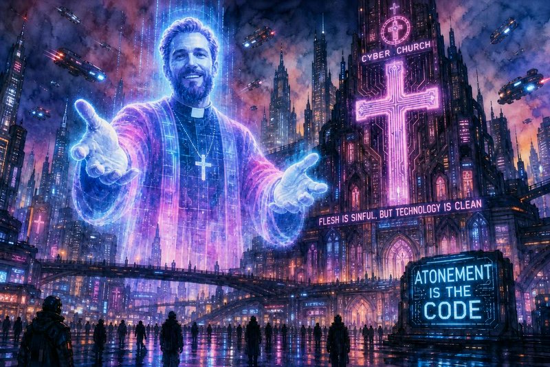 Glowing holographic cyber priest extends welcoming hands above a neon cyberpunk city and futurist...