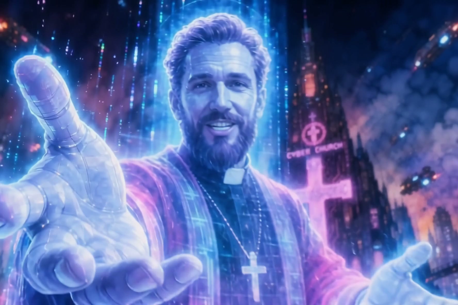 Friendly cyberpunk priest extends glowing outstretched hands toward the viewer before a neon cybe...