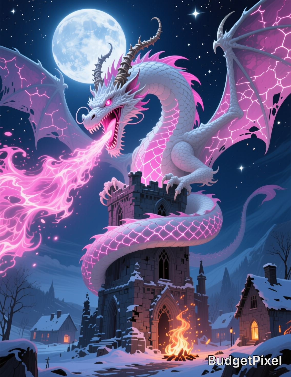 [White fantasy dragon with glowing pink accents breathes pink fire coiled around a snowy castle tower under a full moon st...