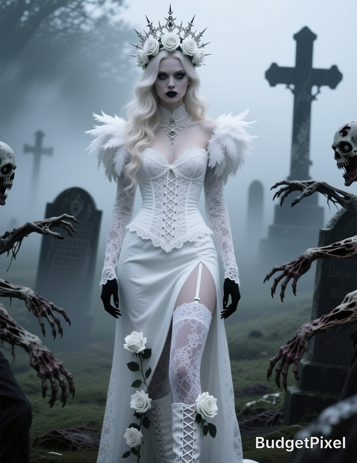 Gothic undead bride with rose crown stands in misty graveyard, framed by reaching skeletal zombie hands