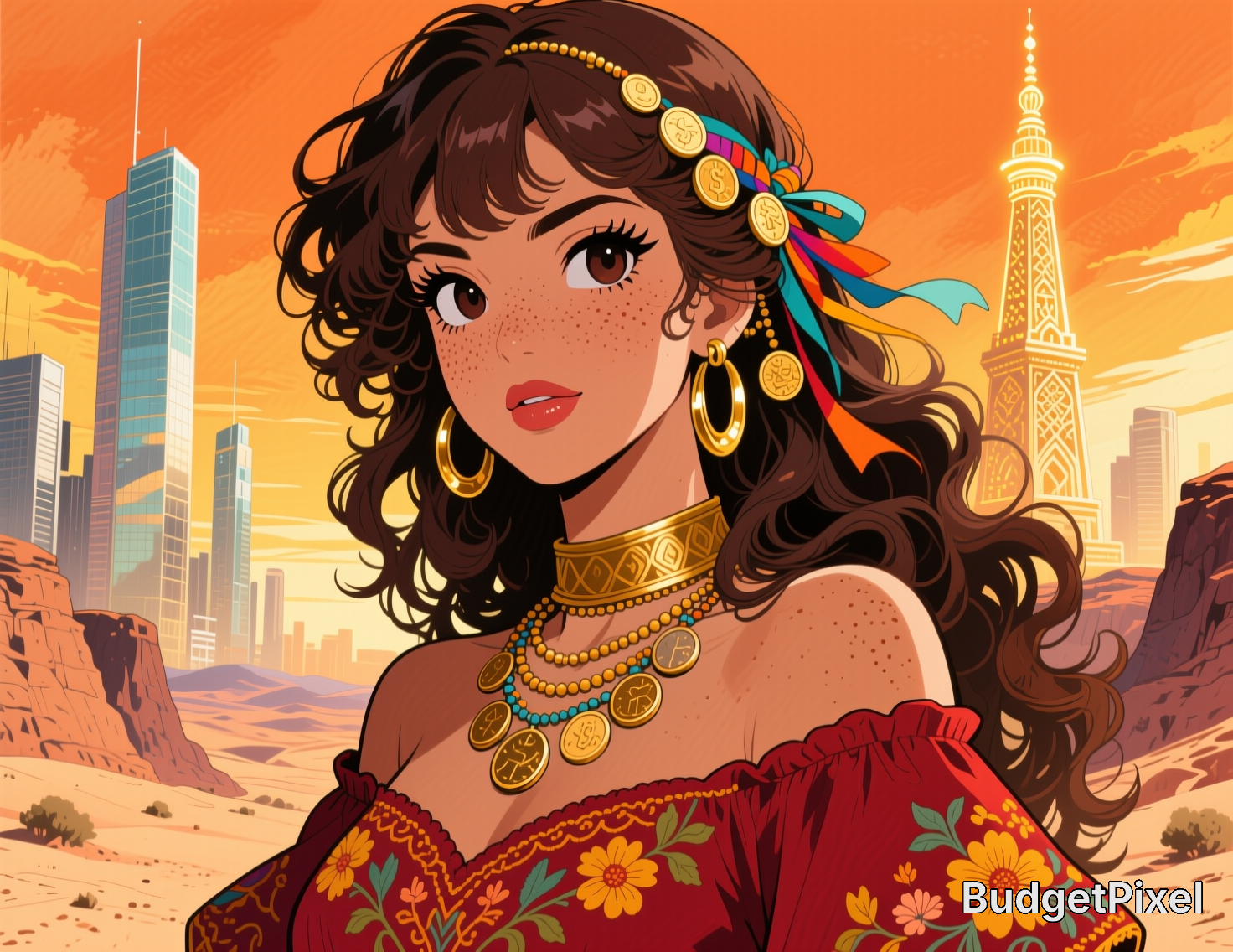 [Anime style portrait of a freckled young woman with ornate gold jewelry, set against a desert city skyline at warm orange...