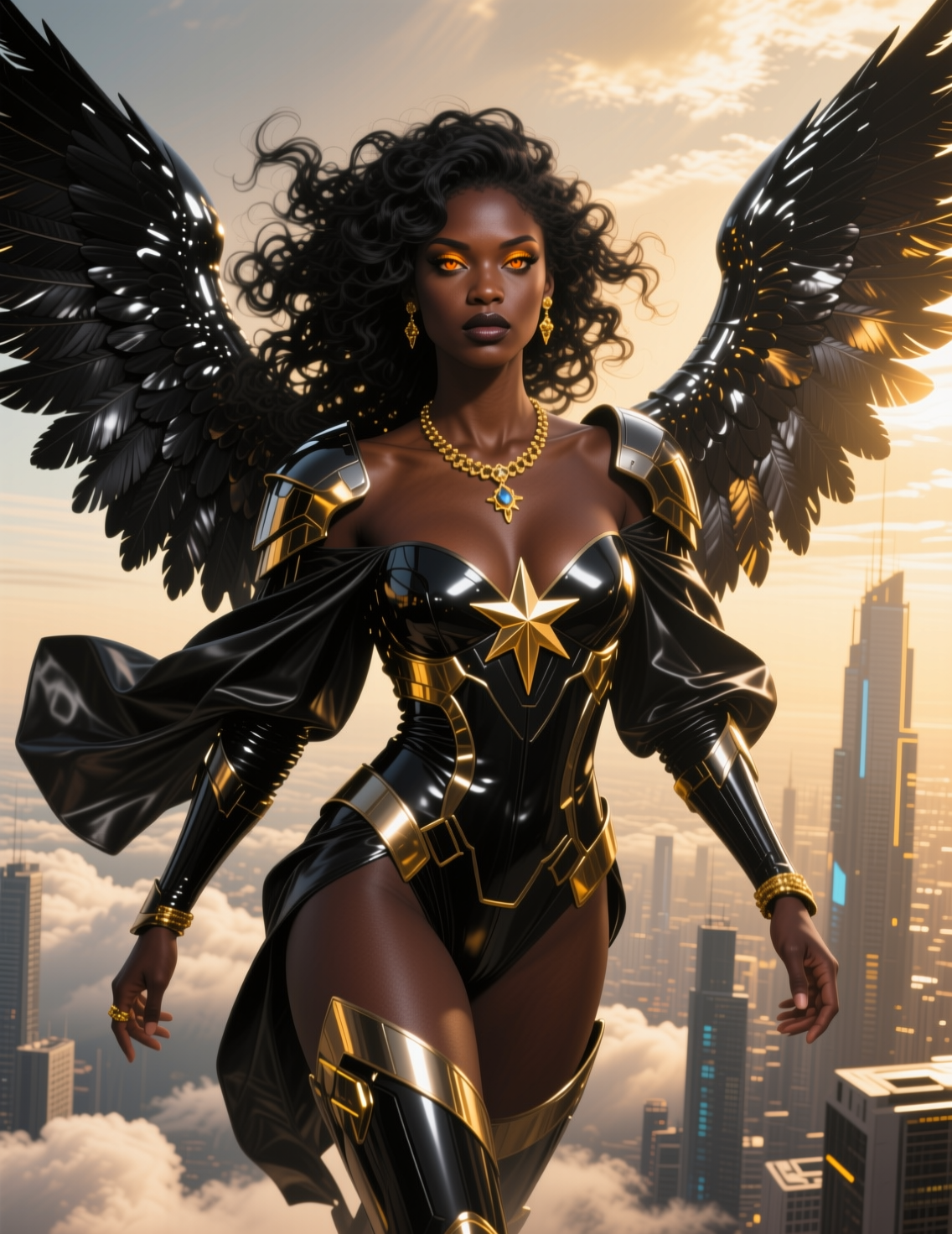 [Winged Black female superhero in black and gold armor floats above a futuristic skyscraper city at golden sunset, with gl...