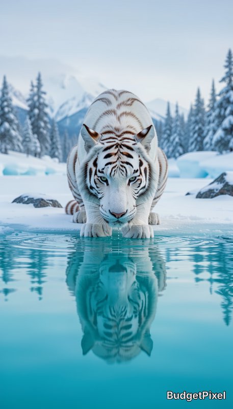 Crouching white tiger drinking from turquoise glacial water in a snowy pine forest, its reflection mirrored in the clear