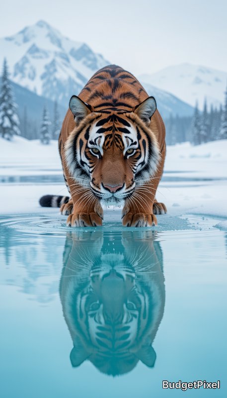 Crouching Siberian tiger staring at the camera at a frozen alpine lake edge, its reflection in open water, with snowy