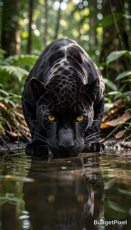 Melanistic black jaguar with golden eyes drinks from a rainforest stream, staring directly at the viewer amid lush