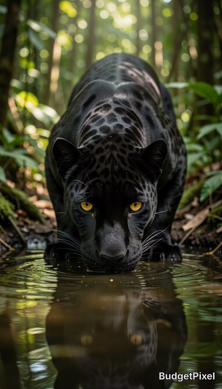 Melanistic black jaguar (black panther) with bright yellow eyes drinks from a jungle stream, its reflection visible in