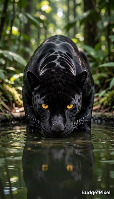 "Melanistic black jaguar (black panther) with golden eyes drinks from a rainforest stream, its reflection visible in