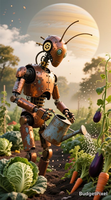 Weathered steampunk robot watering garden vegetables, alien landscape with a giant striped gas planet in the hazy sky