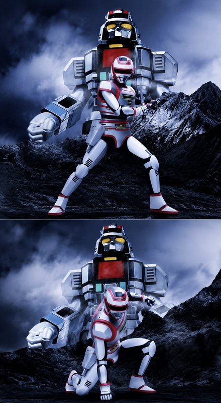 Two panel 3D render of tokusatsu hero Juspion and giant mecha Daileon, in battle stance and kneeling pose on a stormy