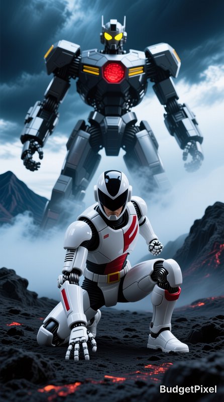Armored mecha pilot kneels on volcanic terrain, towering giant battle robot looms behind under stormy misty skies
