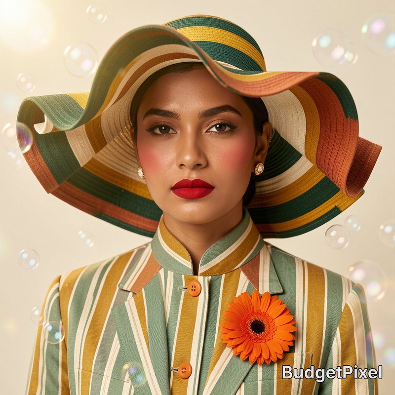[Elegant South Asian woman in coordinating striped wide brim hat and tailored blazer, with an orange gerbera lapel pin and...