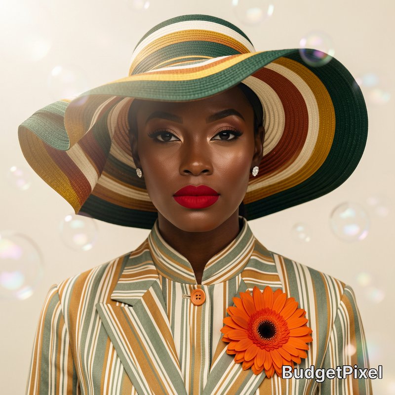 Elegant portrait of a poised Black woman wearing a striped wide-brim sun hat, matching blazer, and bold red lipstick