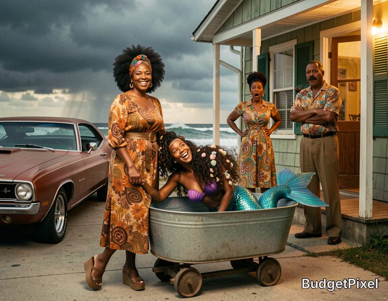 Joyful Black mermaid in rolling metal tub, with family in 70s attire outside a coastal home under stormy skies