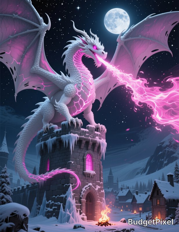 Majestic white ice dragon breathing glowing pink fire, perched on a snowy castle tower under a fu...