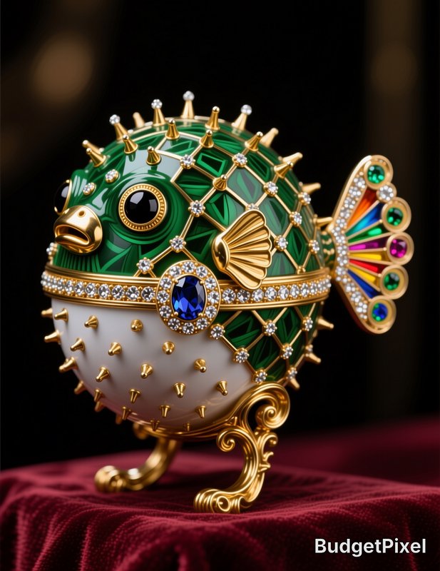 Jeweled Faberge-style puffer fish trinket box with gold, gemstone and enamel detailing, displayed...
