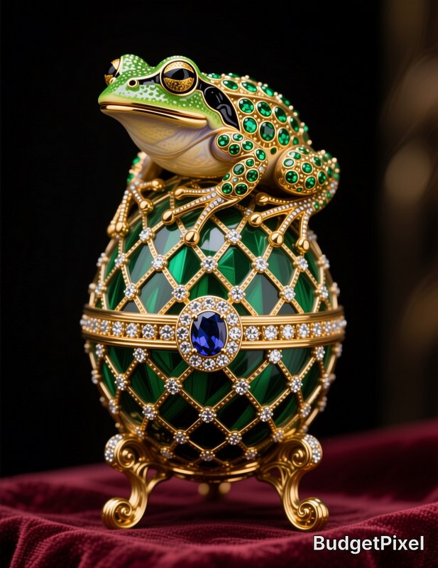 Jeweled emerald frog figurine perched on an ornate gemstone Faberge-style egg with gold stand on ...