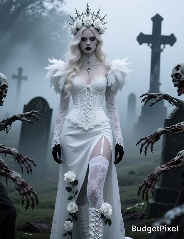 Gothic undead bride with rose crown stands in misty graveyard, framed by reaching skeletal zombie...