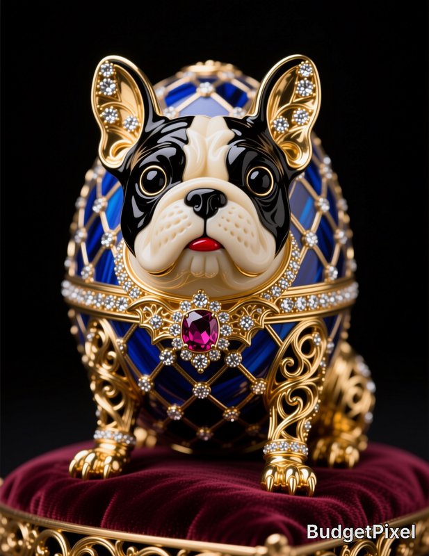 Jeweled Faberge-style French bulldog egg figurine with gold detailing and gem inlays rests on a p...