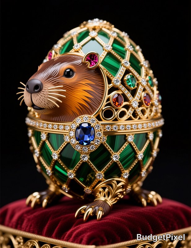 Jewel-encrusted Faberge-style egg with carved beaver head, displayed on plush red velvet stand ag...