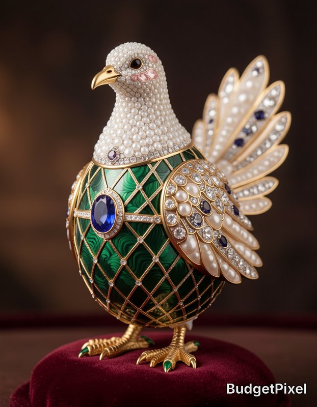 Ornate Faberge-style jeweled bird figurine inlaid with pearls, sapphires, and green enamel, displ...