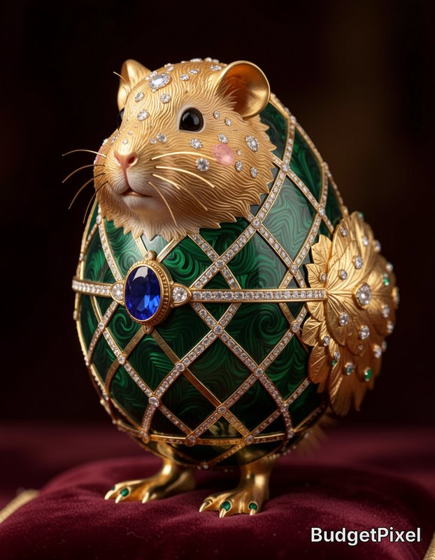 Ornate Faberge-style jeweled hamster figurine with gold detailing, green enamel and gemstones res...