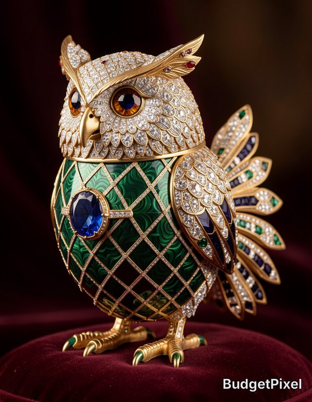Ornate jeweled Fabergé-style owl figurine with gold, diamond, green enamel, and sapphire details ...