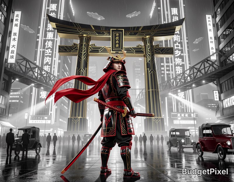 Ornate cyberpunk samurai with a flowing red scarf stands before a futuristic torii gate in a rain...