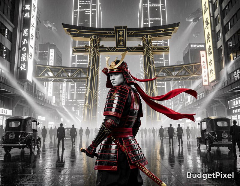 Cyberpunk samurai in red-black armor looks back, standing before a giant torii gate in a rainy fu...