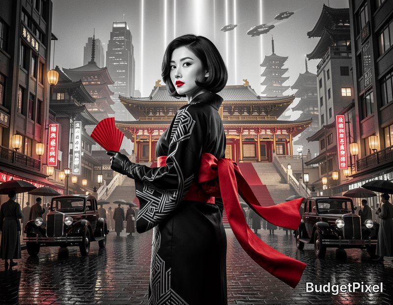 Stylish East Asian woman in a black patterned kimono holds a red fan, set against a retro-futuris...