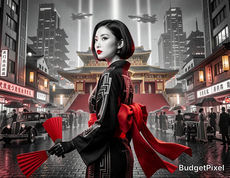 [Elegant woman in black kimono with red accents stands in a retro-futuristic cyberpunk Tokyo cityscape with hovering airsh...