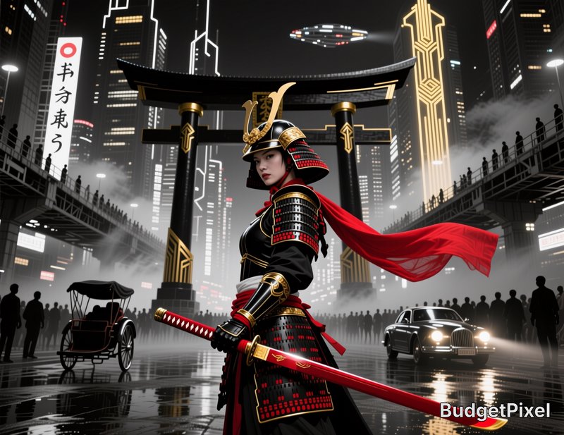Female samurai in ornate armor holds a red katana, standing before a torii gate in a neon futuris...