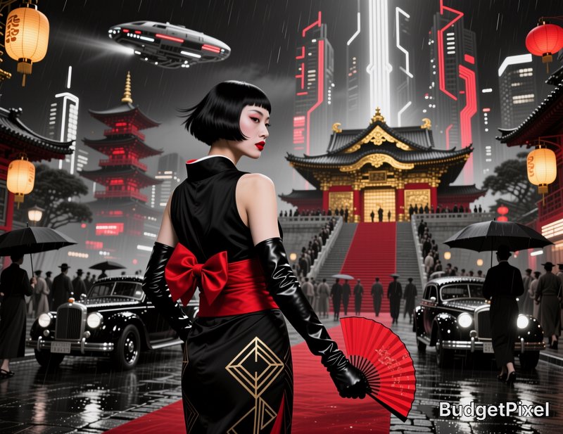 [Elegant woman in black-red qipao stands on a red carpet in a rainy cyberpunk Japanese city at night]