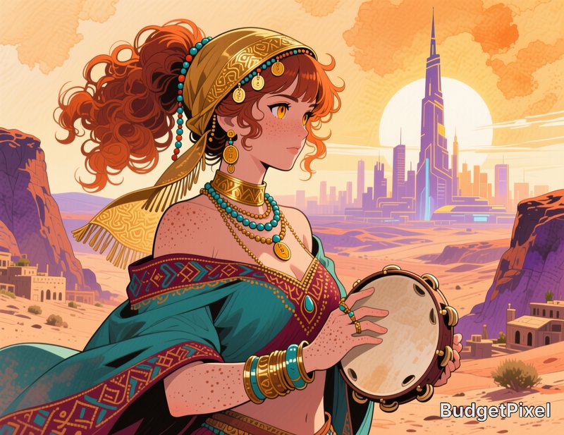 Anime-style red-haired nomadic folk musician holding a tambourine, overlooking a futuristic deser...