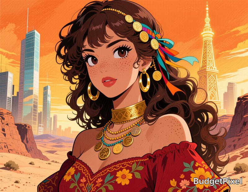 Anime style portrait of a freckled young woman with ornate gold jewelry, set against a desert cit...