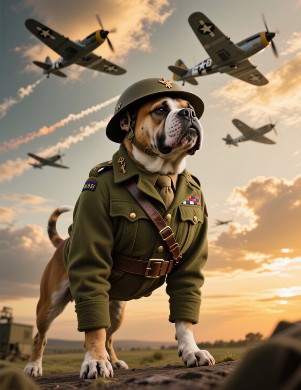 Anthropomorphic bulldog in WWII army uniform stands on an airfield as vintage warplanes fly overh...