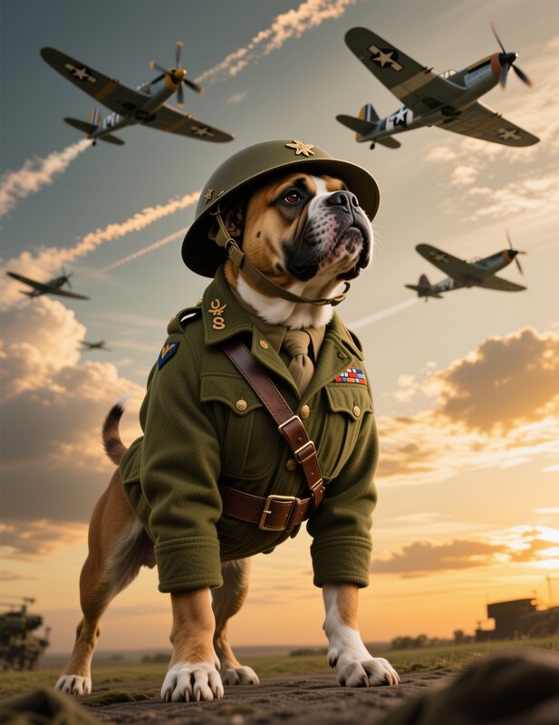 Stoic bulldog in WWII US Army officer uniform stands as vintage fighter planes fly overhead at a ...