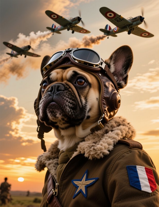 French bulldog in vintage pilot gear and aviator goggles, with WWII fighter planes flying overhea...