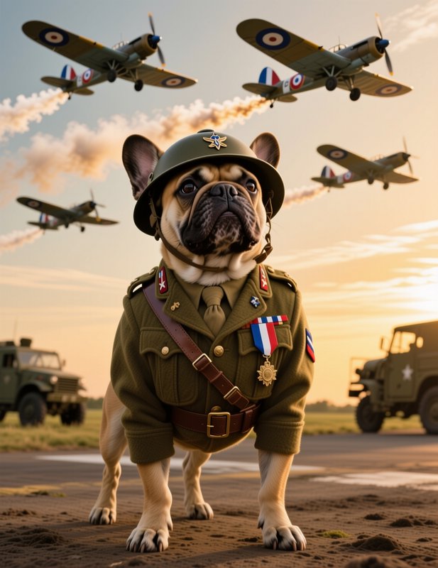 French bulldog in WWII military officer uniform stands on an airfield, with vintage propeller fig...
