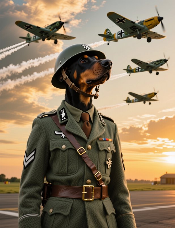 Anthropomorphic Doberman in WWII military uniform stands on an airfield as vintage fighter planes...