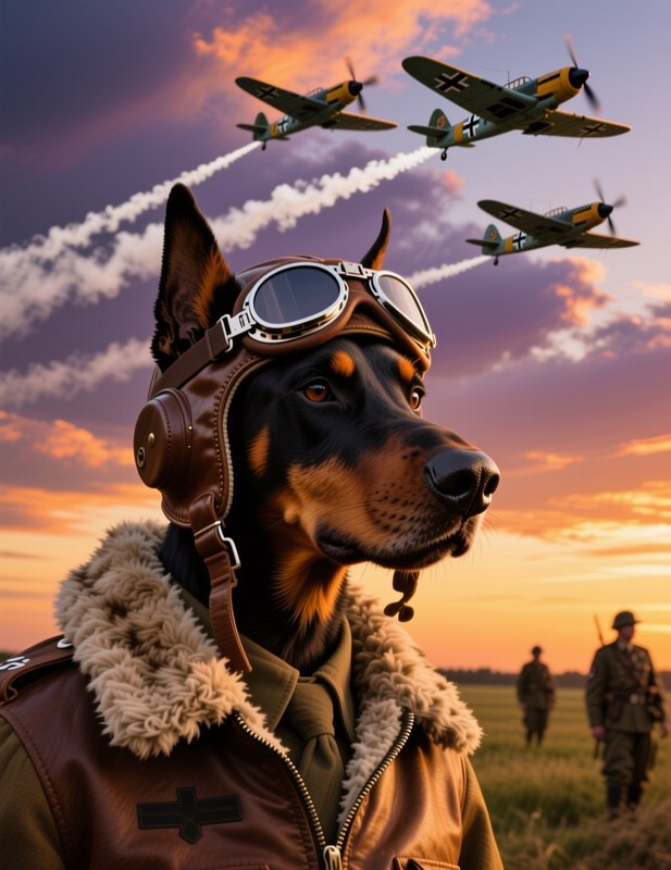 Anthropomorphic Doberman in vintage WWII pilot gear stands as fighter planes fly over sunset gras...